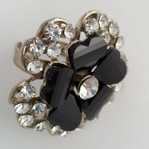 Flower Fashion Adjustable Rings Lot of 3 Rhinestone Faux Pearl Green Silver Tone - Picture 5 of 11